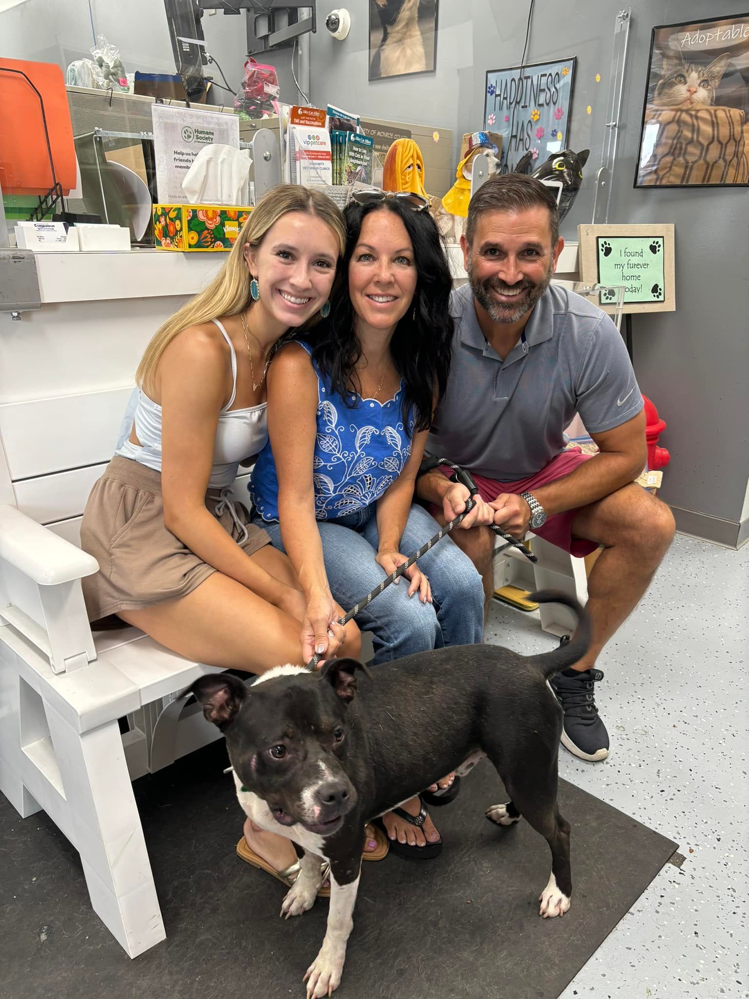 A group of people sitting on a bench with a dog at the shelter.