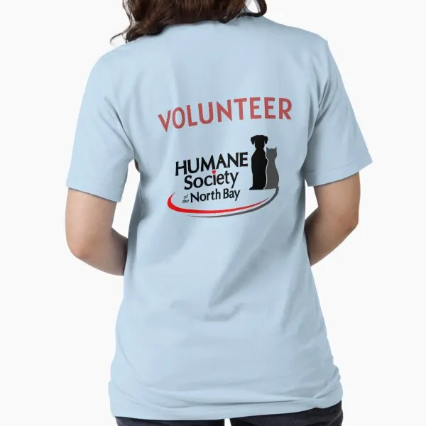Powder blue t-shirt, back view, with volunteer lettering and humane society style artwork.
